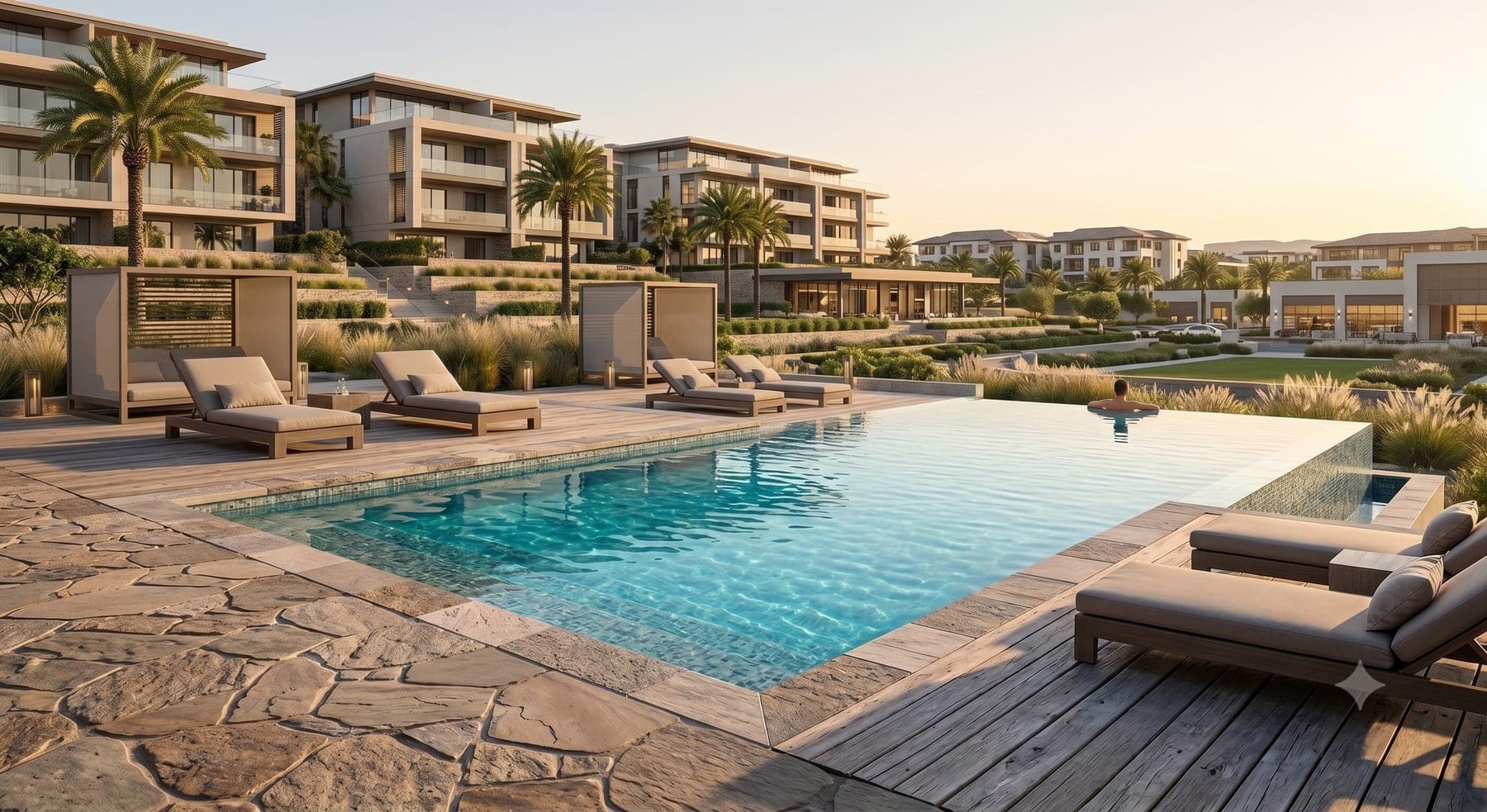 Infinity pool overlooking a landscaped residential community